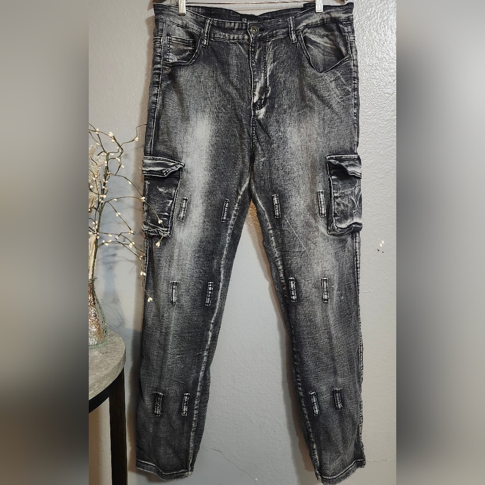 Men's Black Distressed Cargo Jeans